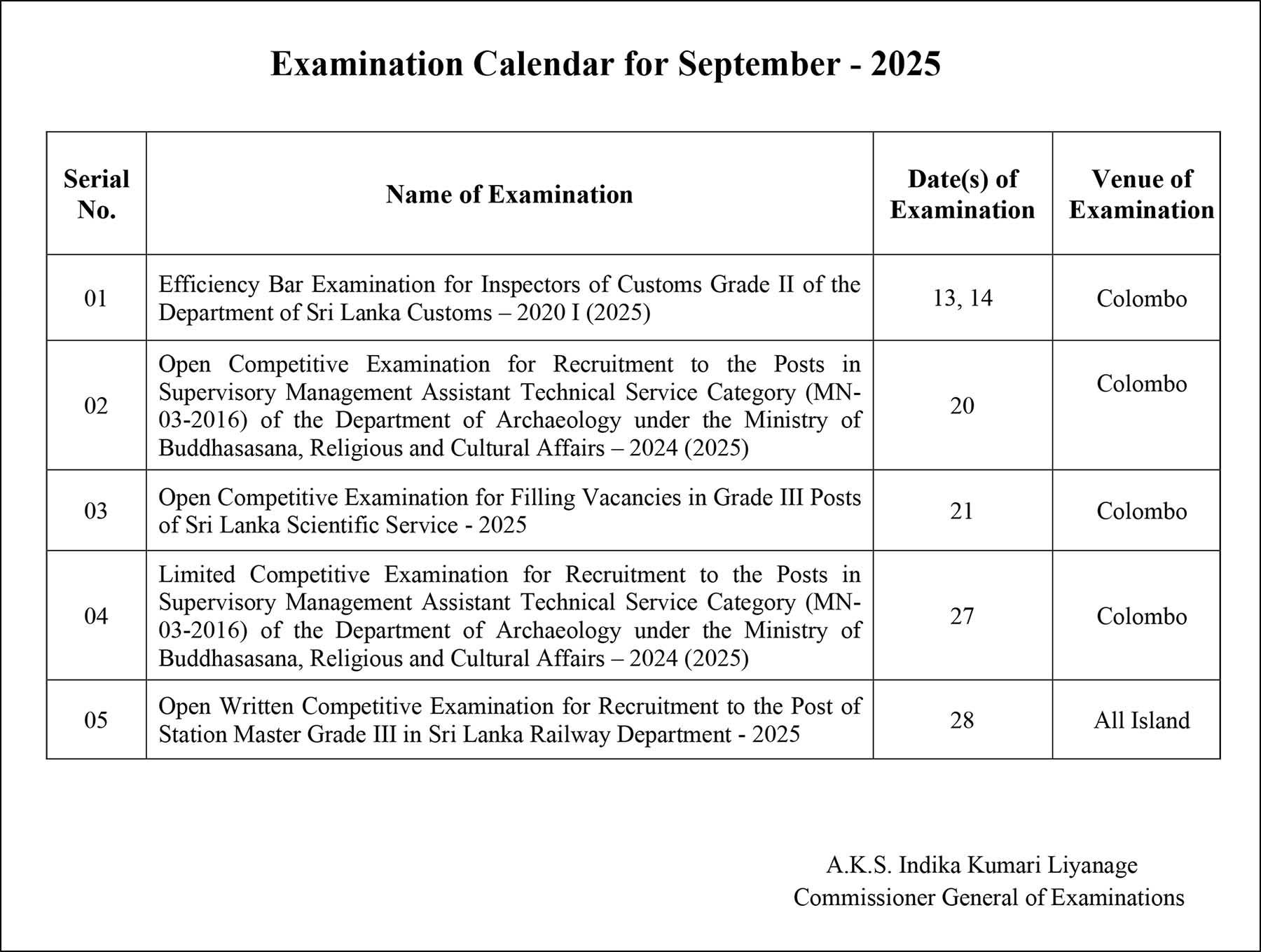 Examination Calendar September 2025